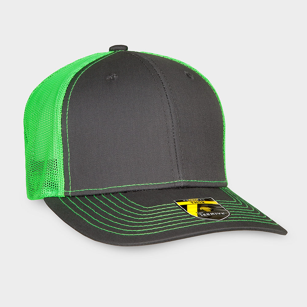 Teehive Snapback Trucker Cap – Charcoal/Neon Green / Leather Patch